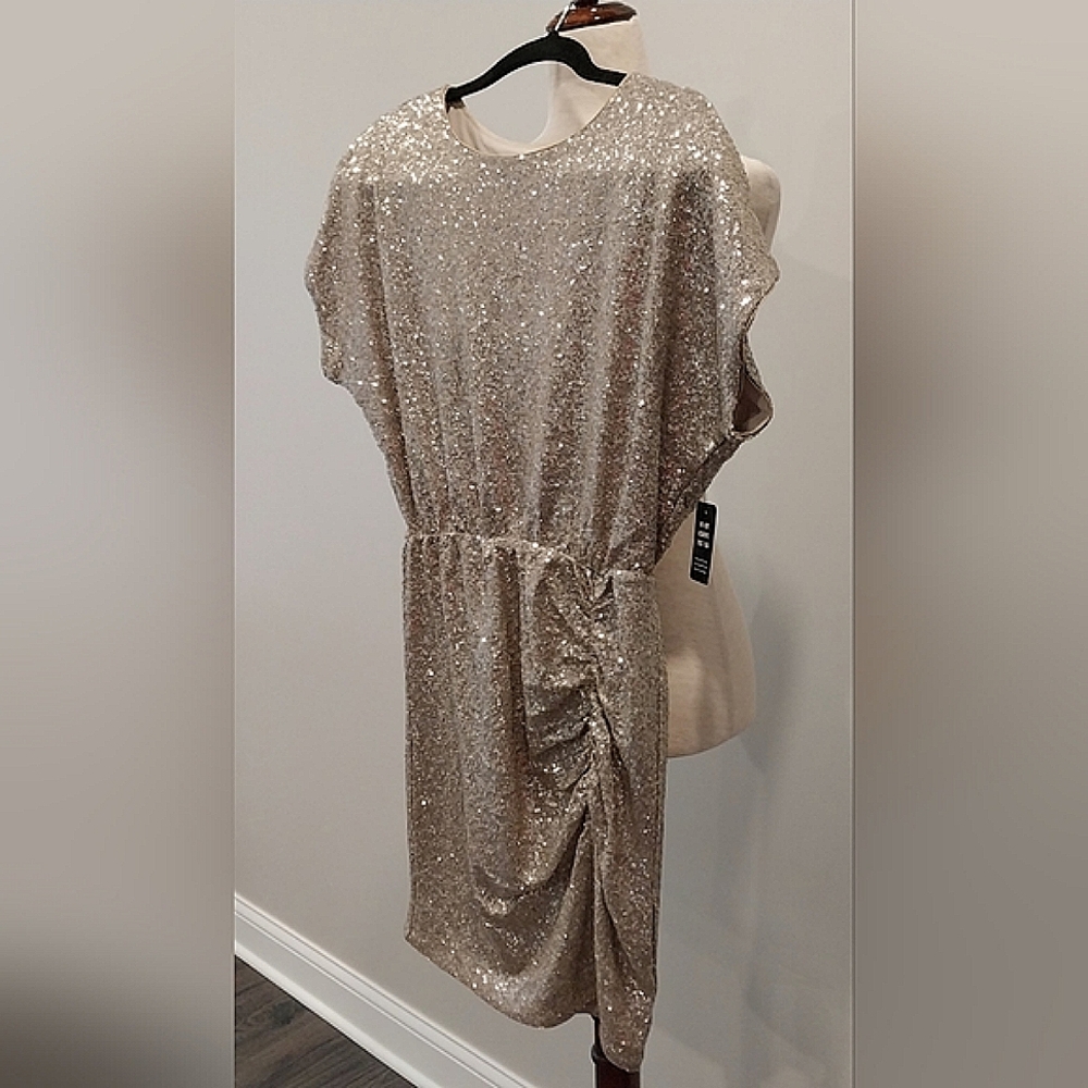 NWT Express Champagne Short Sleeve Sequined Ruched Mini Dress Size Small - Picture 6 of 16